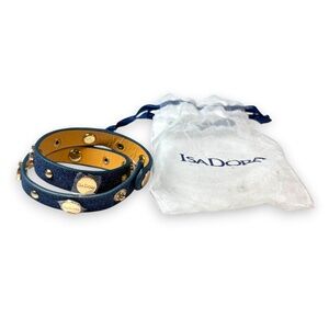 ISADORA Double Wrap Denim  Blue Stud Bracelet Gold Logo Adjustable